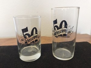 Set of 2 Harvey's, The Party's at Harvey' 50th Anniversary Glasses 4'' & 4 3/4''