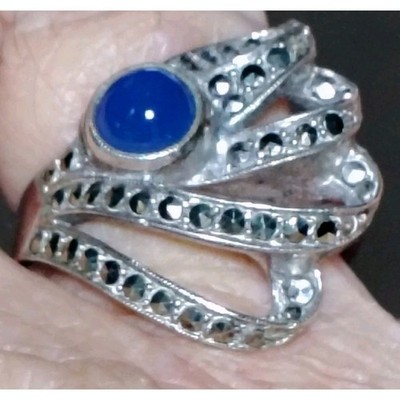 R671 Sterling Silver Art Deco Marcasite Ring Blue Glass Cabochon Sz 6.75 READ