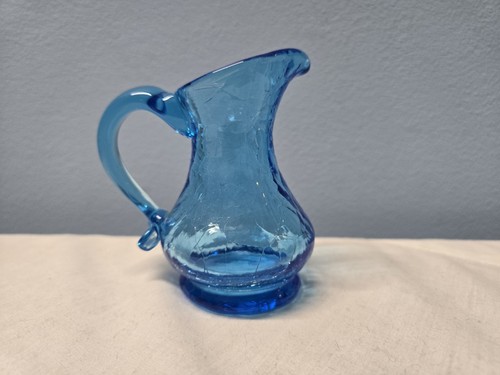 Vintage 3.25" Blue Crackle Glass Pitcher Hand Blown Art Antique Collectible - Picture 2 of 6