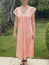Vintage 70s JC Penney S Long Nylon Nightgown Peach Lace
