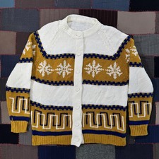 Vintage 80s Nordic Snowflake Knit Wool Cardigan Chunky Scandinavian Folk Sweater