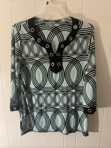 Women’s JM Collection Green Black White Swirl Top XL - 第 1/6 張圖片