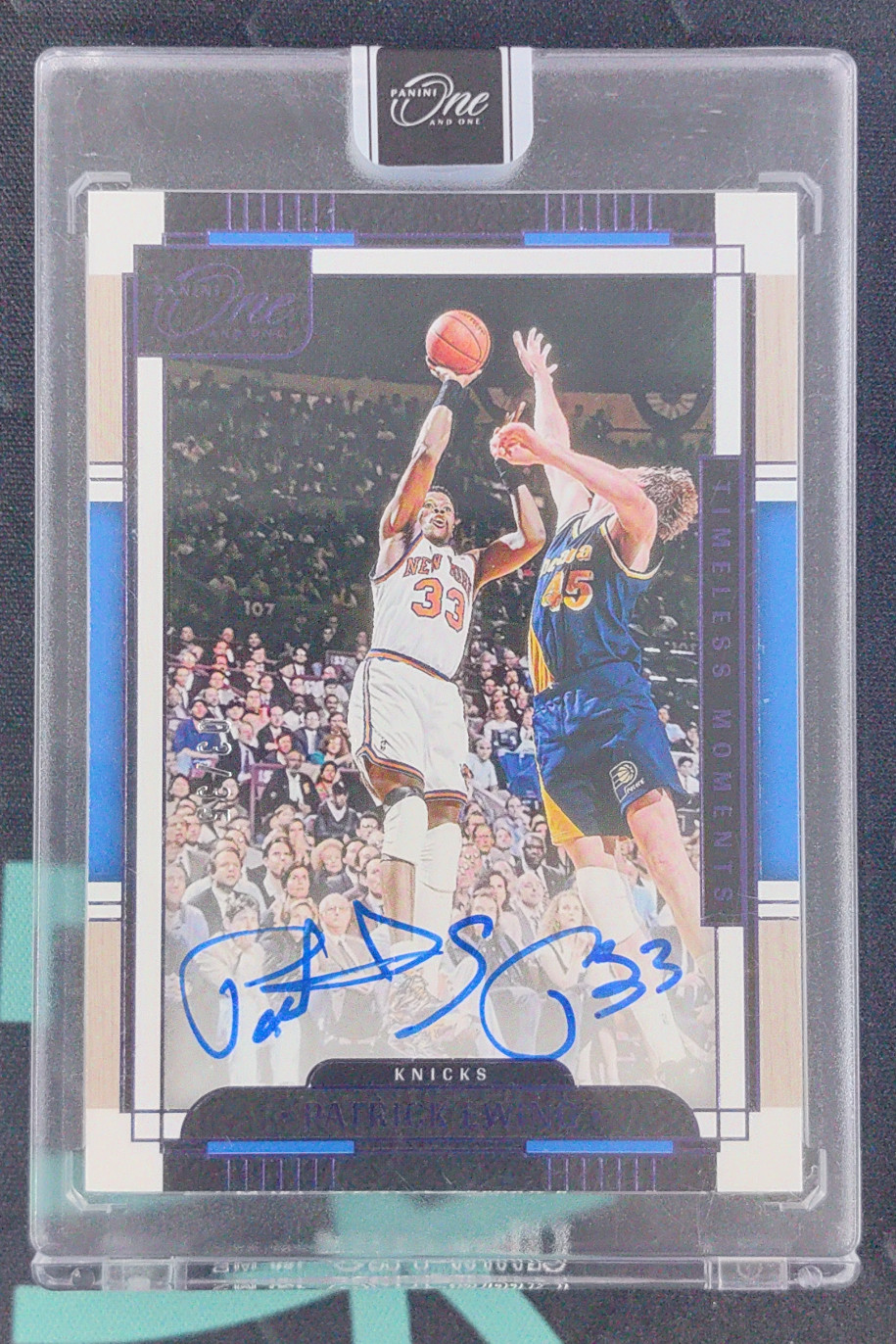 2023 Panini One and One Patrick Ewing Timeless Moments Autographs Purple /35