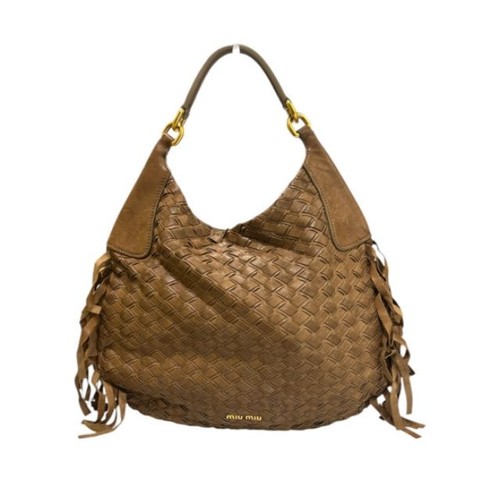 Miu Miu Woven Leather Fringe Hobo Shoulder Bag Brown 12345 125844264