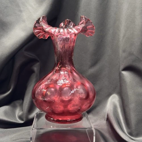 Fenton Art Glass Cranberry Polka Dot Ruffled Rim Vase 8" Pink Coin Wavy Hand Blo