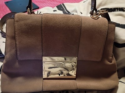 DKNY Taupe Suede Satchel Gold Hardware Push Lock Women's Plate Accent