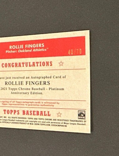 2021 TOPPS CHROME PLATINUM ROLLIE FINGERS SILVER WAVE REFRACTOR AUTO #’d 43/70! - Picture 3 of 8
