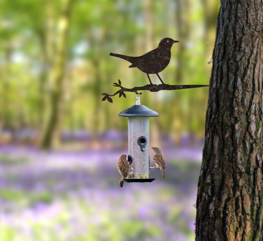 Blackbird on a Twig Silhouette Metal Bird Feeder Hanger Rusty Metal garden Art