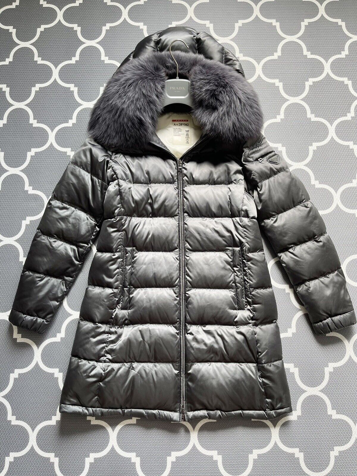 Prada Puffer Down Long Jacket Gray Metal Logo 100% Real Fox Fur