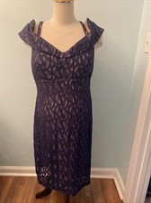 R M Richards Woman Sz16 Navy/Nude Strap Off-The-Shoulder Lace Cocktail Dress EUC