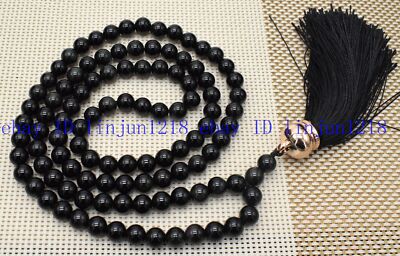 8mm Rainbow Eye Black Obsidian Tibet Buddhist 108Prayer Mala Necklace Meditation