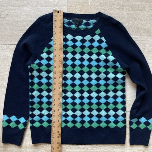 J Crew Women Argyle Crewneck 100% Lambs Wool Sweater Y2K Preppy S Blue Green - Picture 3 of 7