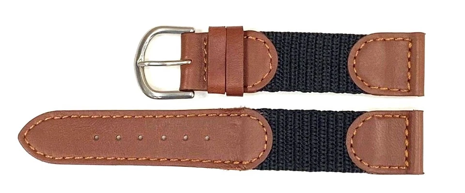 Pulseira de relógio marrom/preto couro e tecido, ajuste de náilon relógios Timex tamanho 18mm, 19mm - Imagem 2 de 3