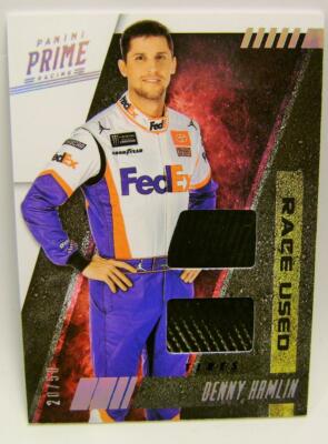 DENNY HAMLIN /50 RACE USED TIRES 2 RELIC NASCAR PANINI PRIME RACING 2019