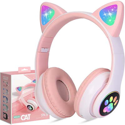 Kids Wireless Headphones Cat Ear LED Bluetooth Foldable Headphone Over Ear w/Mic