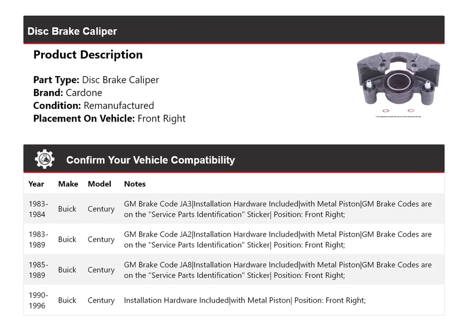 Pinza de freno de disco delantera derecha Cardone 1984 1985 para Buick Century 1983-1996 Foto 2 de 4