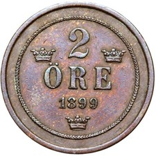 Schweden - K&ouml;nig Oskar II. - M&uuml;nze - 2 &Ouml;re Oere 1899 - ERHALTUNG !