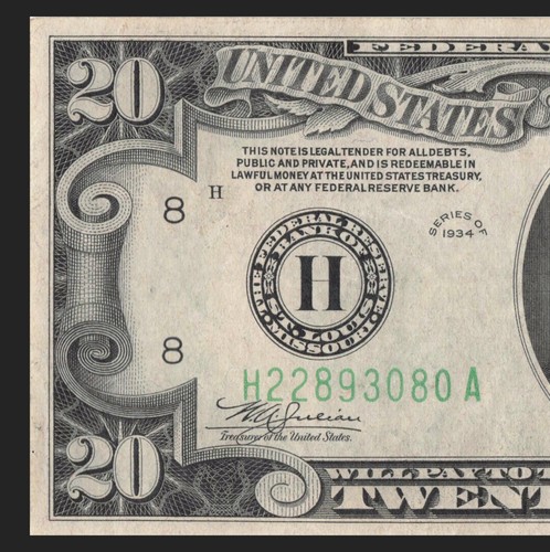 1934 St Louis Twenty Dollar Bill H22893080A Back Plate H9 386 Mule Note - Picture 4 of 11