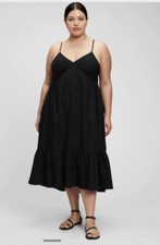 NWT Gap Boho Deep V Midi Sleeveless Smocked Back Cami Dress Black XL Tall