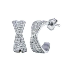 SEMI HOOP " X " DESIGN STUD EARRINGS LAB SIMULATED DIAMONDS 925 STERLING SILVER 