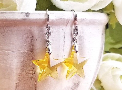 Yellow Light Topaz Star Crystal Dangle Earrings~CRYSTALLIZED™-Swarovski Element~ - 第 1/6 張圖片
