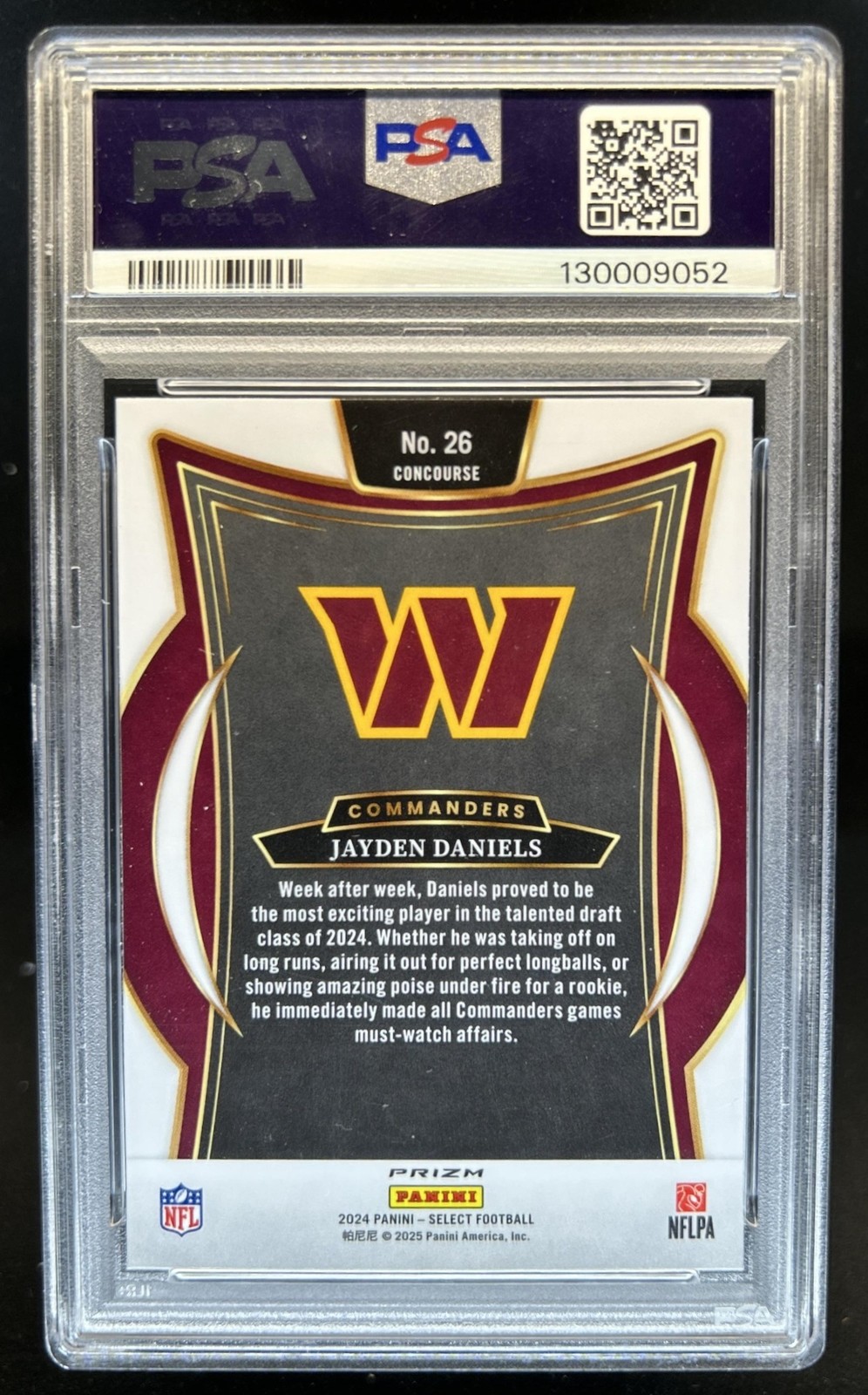 2024 Select Jayden Daniels Concourse RC Red and Blue Prizm Shock #26 PSA 10 view 2