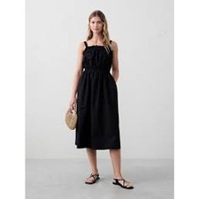 BANANA REPUBLIC Poplin Gather Waist Midi Dress MINIMALIST POCKETS Black Small S