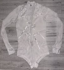 Women  s White Mesh Lace Long Sleeves Bodysuit with Lace Collar Size M 