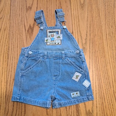 Vtg Miniwear Denim Little Boy Overalls Shortalls Size 12 Mo Snails Frogs Pockets