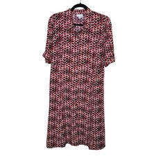 J. Jill Button Front Shirt Dress Geometric Print Roll Tab Sleeves Side Pockets 6