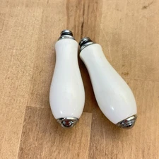Pair White Porcelain and Silver Tone Pulls/Knobs, 2.5" SMALL CHIP