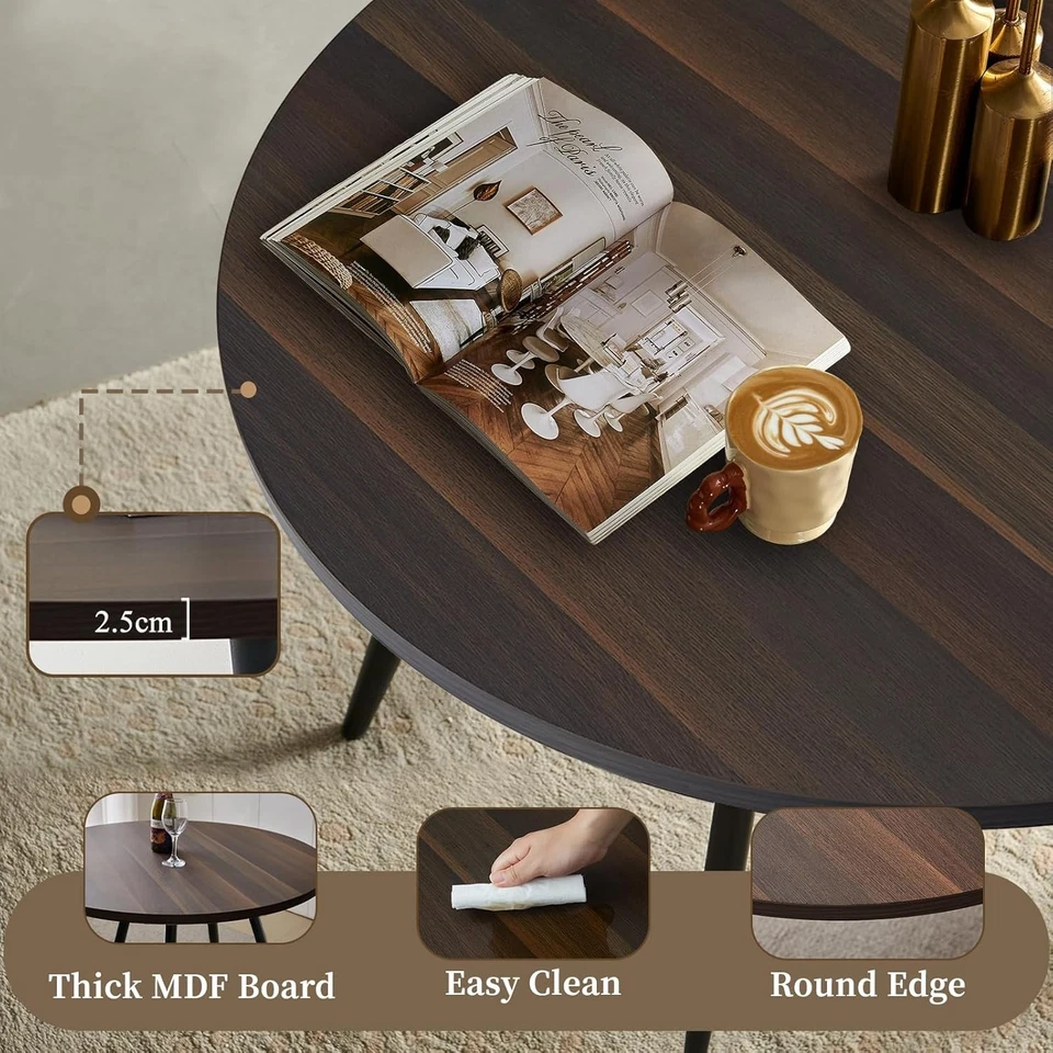 Round Dark Walnut Dining Table Set with 2 Black Faux Suede Chairs Kitchen - Image 3 of 4