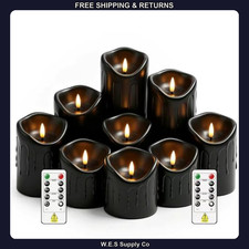 9 Pc Flameless LED Pillar Candles Set with Remote, Black, 3-7 in