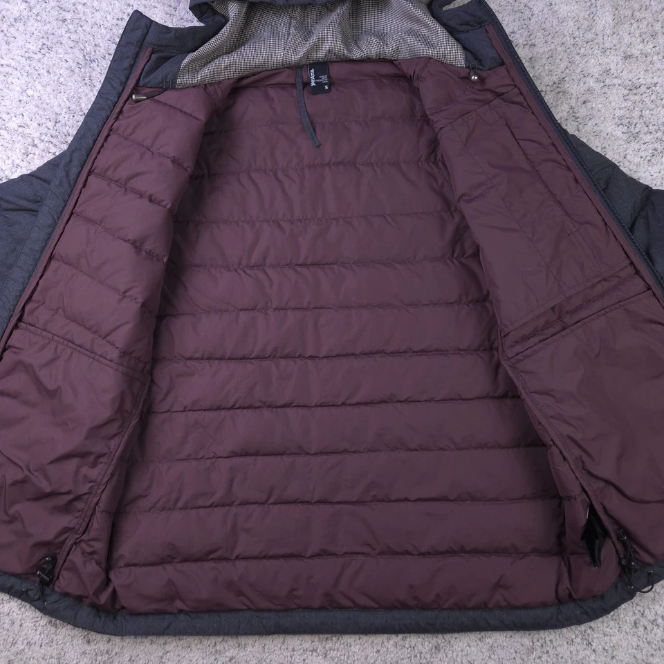 Chaqueta de plumón Prana para hombre pequeña abrigo acolchado Lasser con capucha gris bolsillos acolchados usada en excelente estado Foto 3 de 4