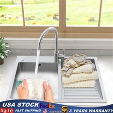 Drop-In Stainless Double Bowl Kitchen Laundry Utility Sink w/ Washboard Faucet