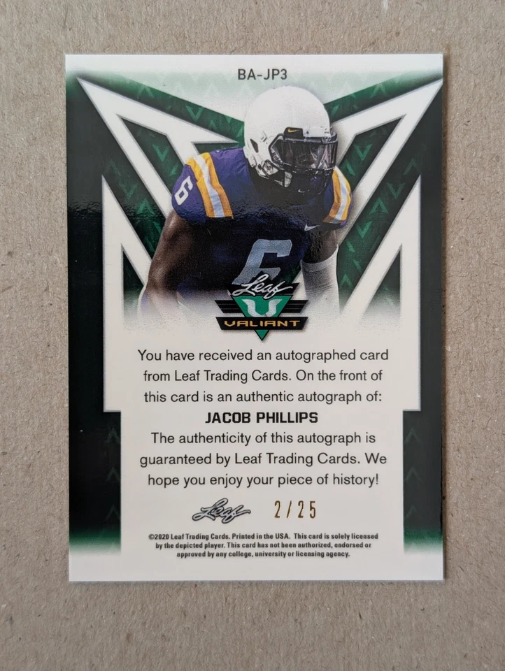 2020 Leaf Valiant - Jacob Phillips #BA-JP3 Blue /25 (AU, RC) - Image 4 of 4