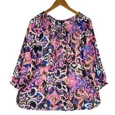 Talbots XL Boho Floral Peasant Blouse Pink Blue Abstract Floral Print Tie Neck