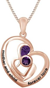 Authentic Simulated Amethyst Mom & Child Forever Love Heart Pendant 14k Gold Plated Silver