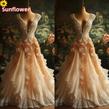 Champagne Victoria Ball Dresses V-Neck Sleeveless Lace 3D Flower Evening Gowns