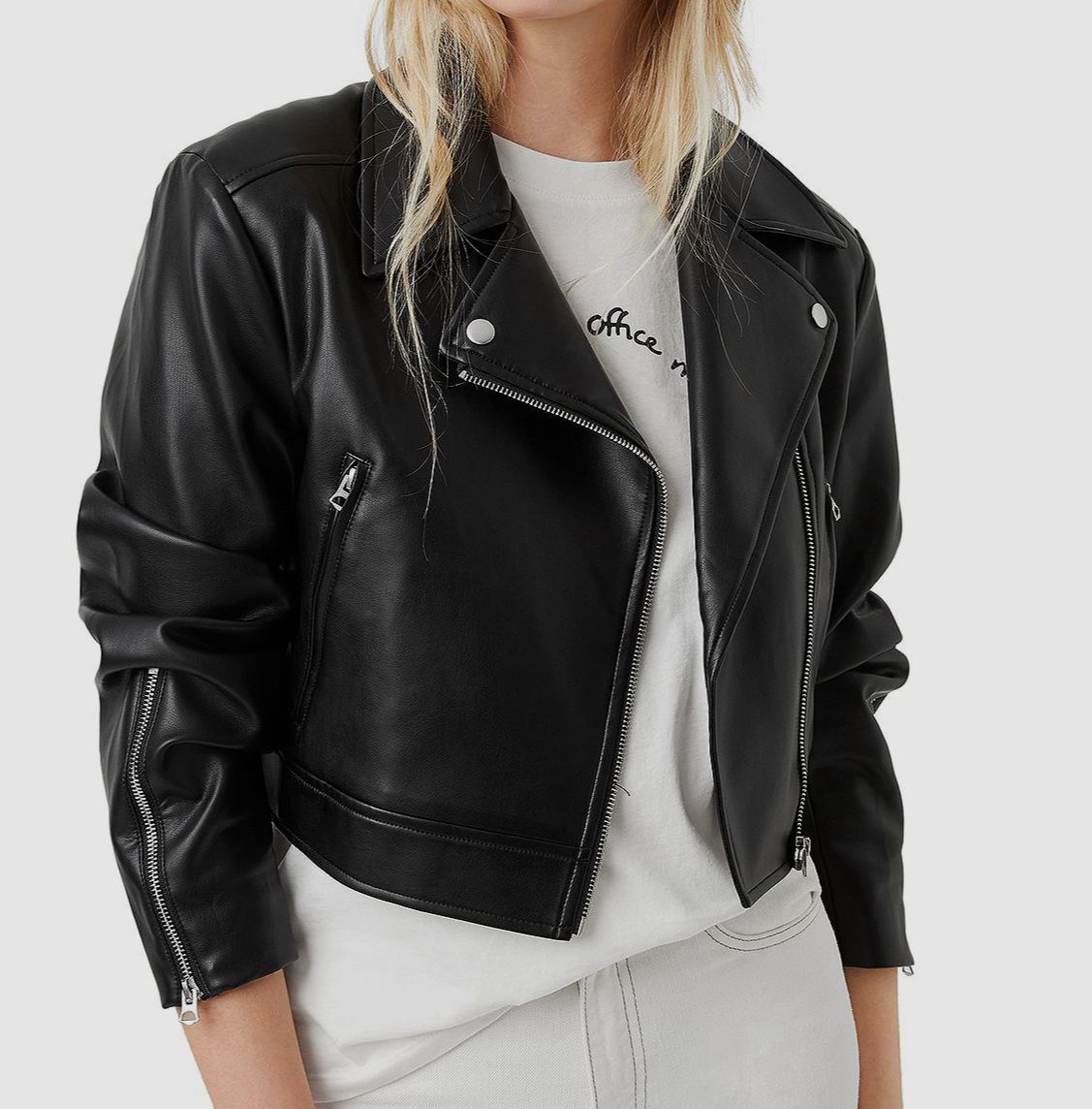 $148 French Connection Women's Black Crolenda Faux Leather Biker