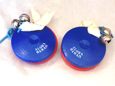 Vtg Hand Castas Wooden Castanets Pair Bells Aloha Hawaii Dance Souvenir Wood