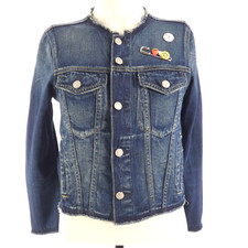 Amo Lola Denim Jacket Pins Collarless Blue Dark Wash Frayed Hem Cropped Size Xs