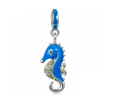 Seahorse Charm European Bead Blue Enamel Over Sterling Silver Ginger Lyne Col...