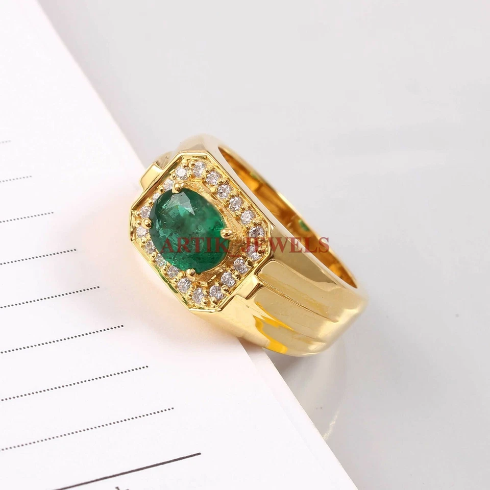 Simulierte Smaragd Edelstein Mit Vergoldet 925 Sterlingsilber Herren Ring #4712 - Bild 2 von 4