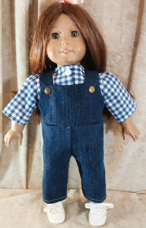 Doll Clothes Made2Fit Girl 18" in Demin Overalls White Blue Check White