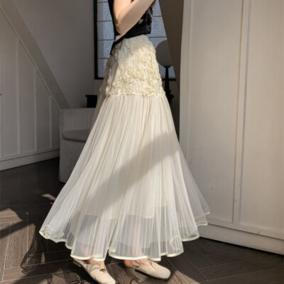 Women Lace Mesh Skirt Pleated Midi 3D Floral A-line Fairy Girl Retro Rose |  eBay
