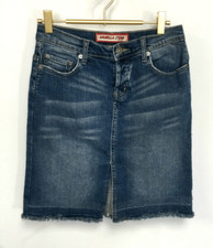 VTG Vanilla Star Womens 7 Denim Mini Skirt Blue Pockets Raw Frayed Hem Stretch