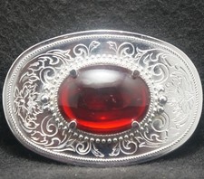 XH21169 VINTAGE 1970s  RED STONE  FLORAL ARTWORK  UNISEX FASHION BELT BUCKLE