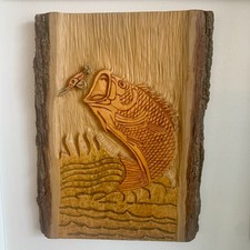 Vintage Hand Carved Bass With Lure Wooden Live Edge Wall Plaque Cabin/Man Cave