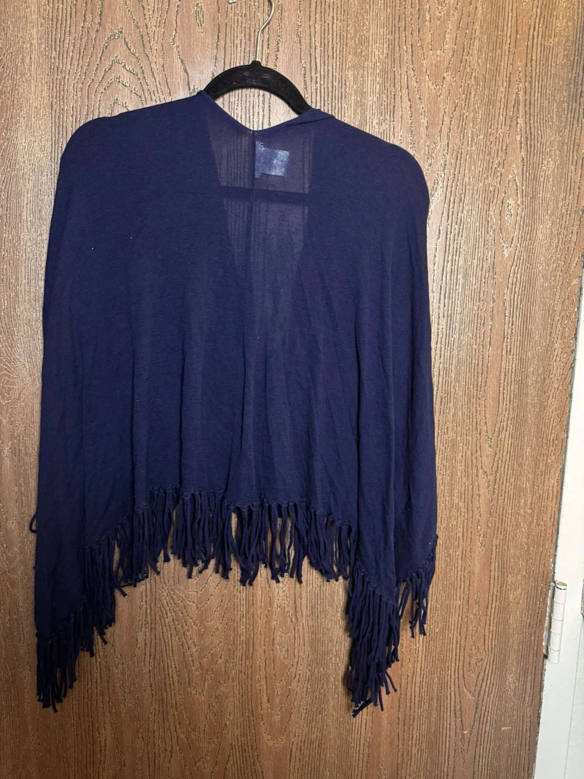 NWT Minnie Rose Ruana Navy Fringe Poncho Wrap One Size 100% Cotton Drape OS